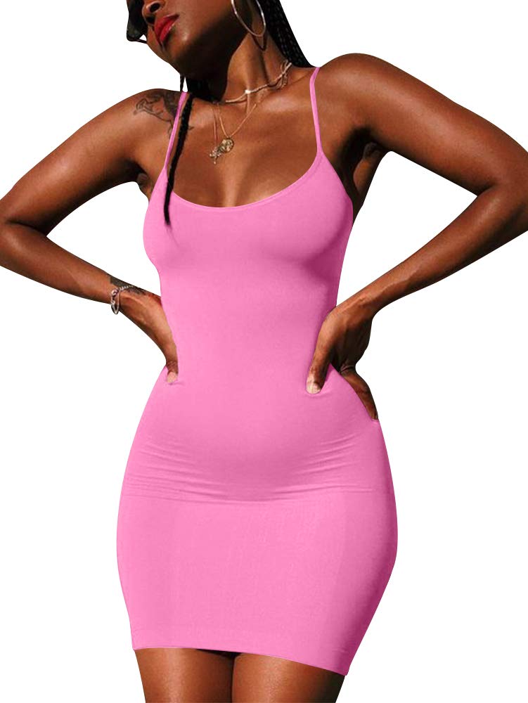 LCNBA Sexy Spaghetti Strap Tank Dress Basic Backless Bodycon Club Party Mini Dress M Pink - Image 3